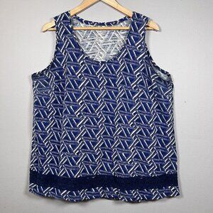 St. John's Bay Tank Top Blue Geometric Lace Round Neck Casual Women's 2X